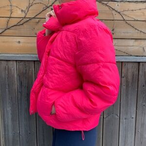 Hot pink short puffer coat. Lululemon inspired, from Target